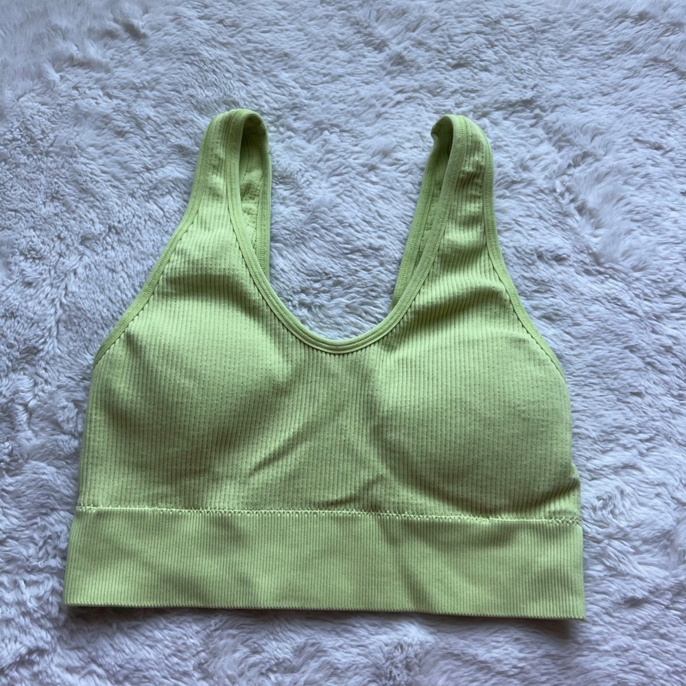 Aerie Real Good Ribbed Seamless Bralette Lime Green Padded Scoop Neck Small Yoga